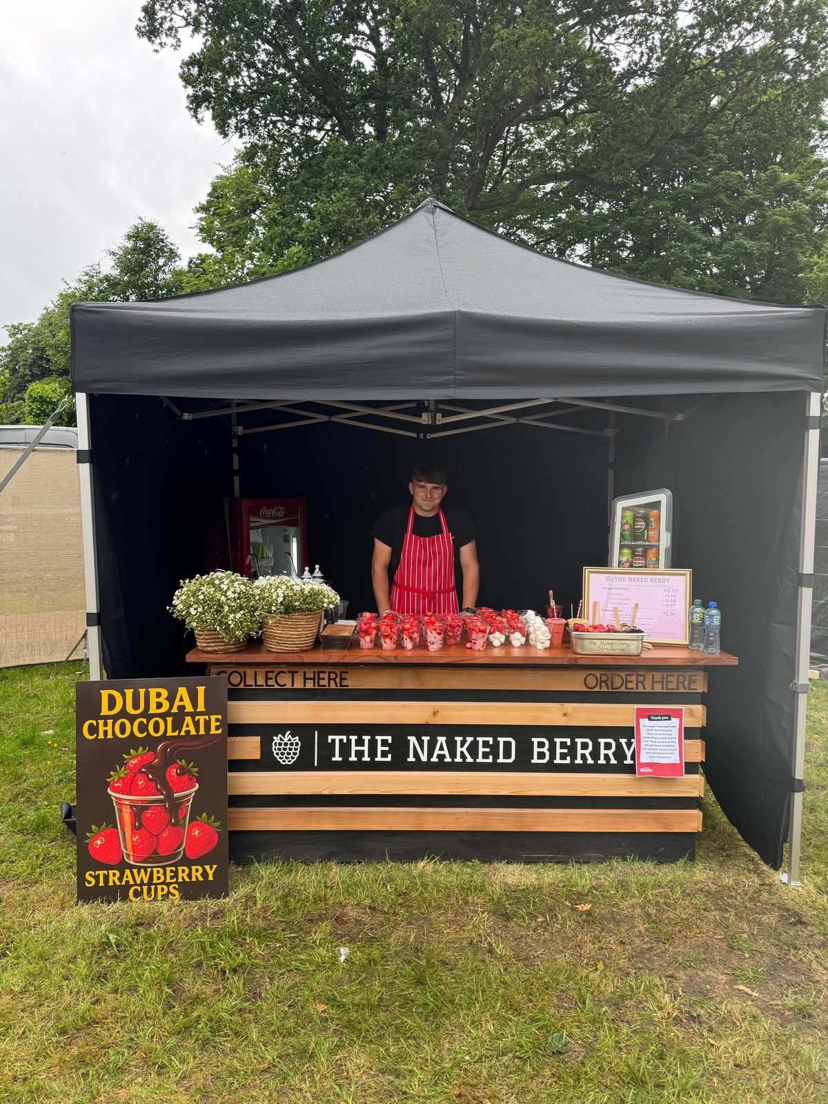 The Naked Berry strawberry bar under a gazebo on grass